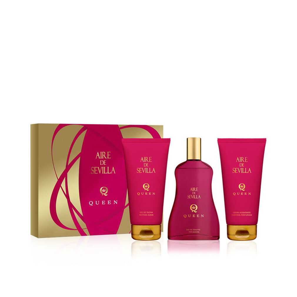 Geschenkset mit drei Produkten und einer Schachtel. Rosa Tuben und Flasche mit goldenen Akzenten. Aufschrift: Aire de Sevilla Queen.