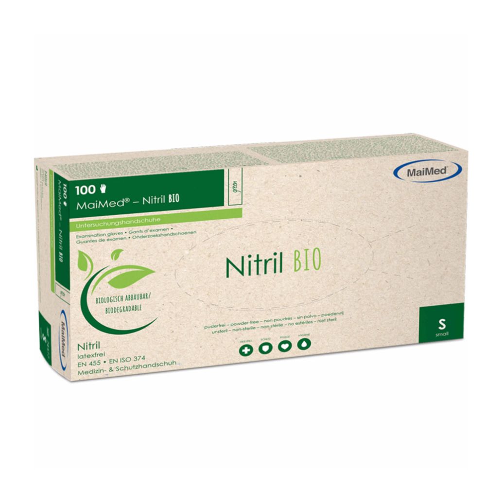 Karton mit MaiMed Nitril BIO Handschuhen. Aufdrucke: 100 Stück, biologisch abbaubar, Größe S, EN 455, EN ISO 374.