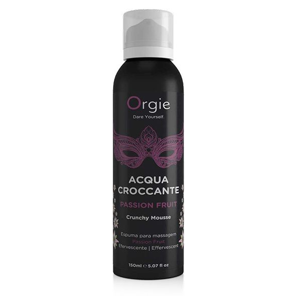 Orgie Acqua Croccante Knister-Schaum Passionsfrucht 150 ml, schwarze Dose mit Masken-Design.