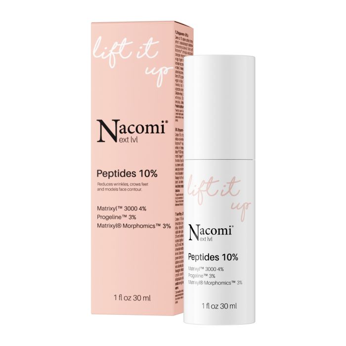 Siero Peptidi 10% von Nacomi. Weiße Flasche und rosa Verpackung. Enthält Matrixyl 3000 4%, Progeline 3% und Matrixyl Morphomics 3%.