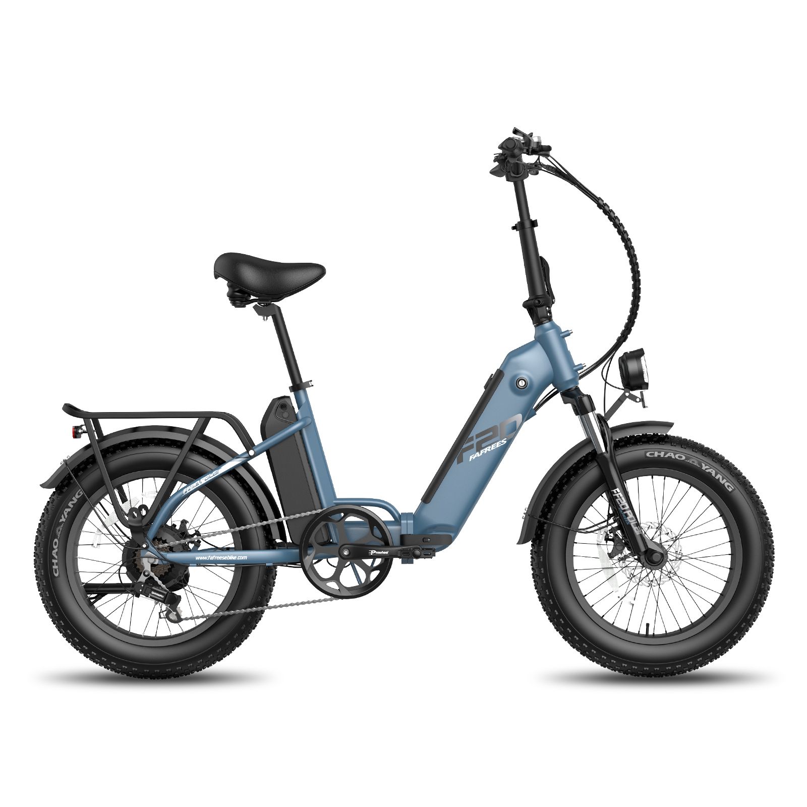 Faltbares E-Bike, blau. Schwarze Reifen, Sattel und Gepäckträger. Frontlicht. Marke Fafrees.