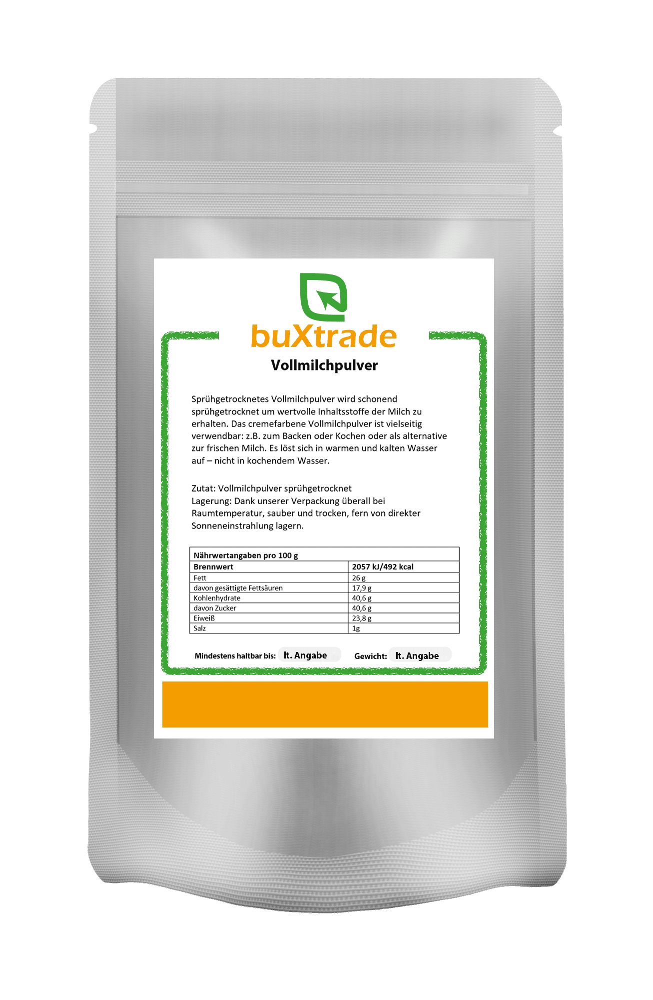 Beutel mit "buXtrade Vollmilchpulver". Weißes Pulver, grüne und orangefarbene Etiketten mit Text und Nährwertangaben.