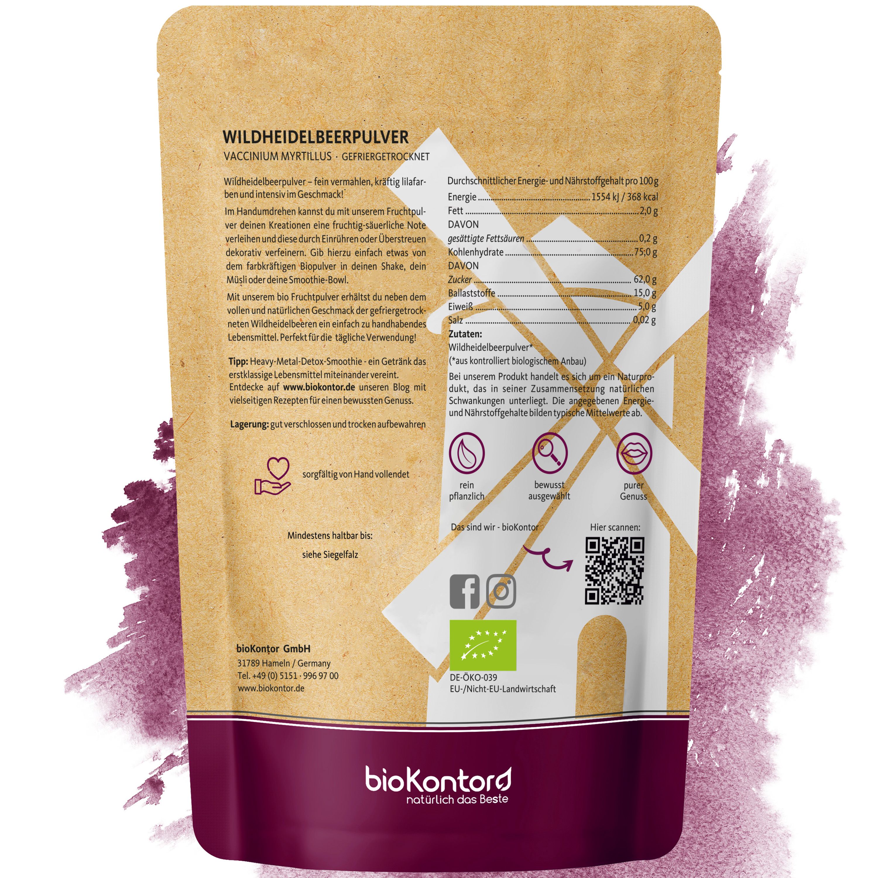 BioKontor Wildheidelbeer Pulver in brauner Papiertüte mit Informationen und Siegeln.