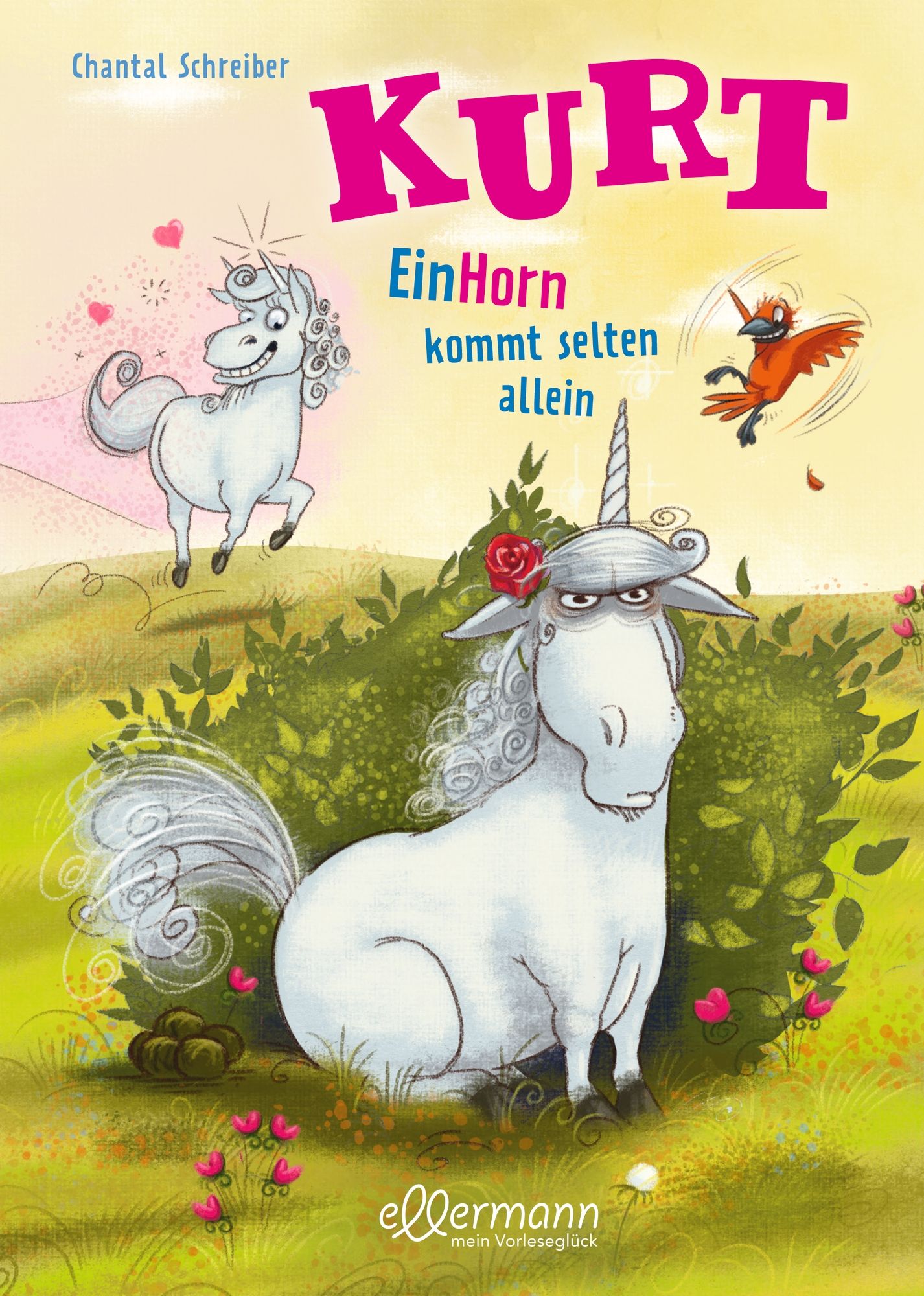 Buchcover mit Titel "Kurt". Einhorn-Illustration, Autorin Chantal Schreiber. Verlag Ellermann.