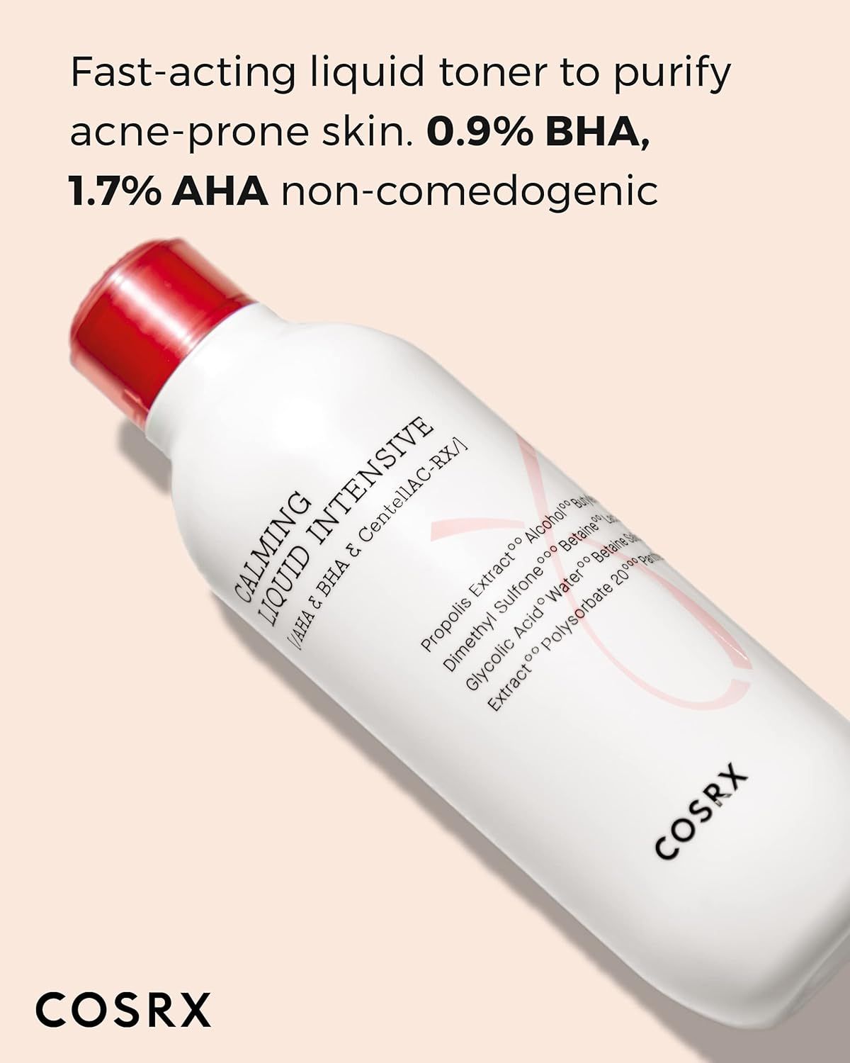 COSRX Calming Liquid Intensive Flasche mit rotem Deckel. Text: Fast-acting liquid toner to purify acne-prone skin. 0.9% BHA, 1.7% AHA non-comedogenic.
