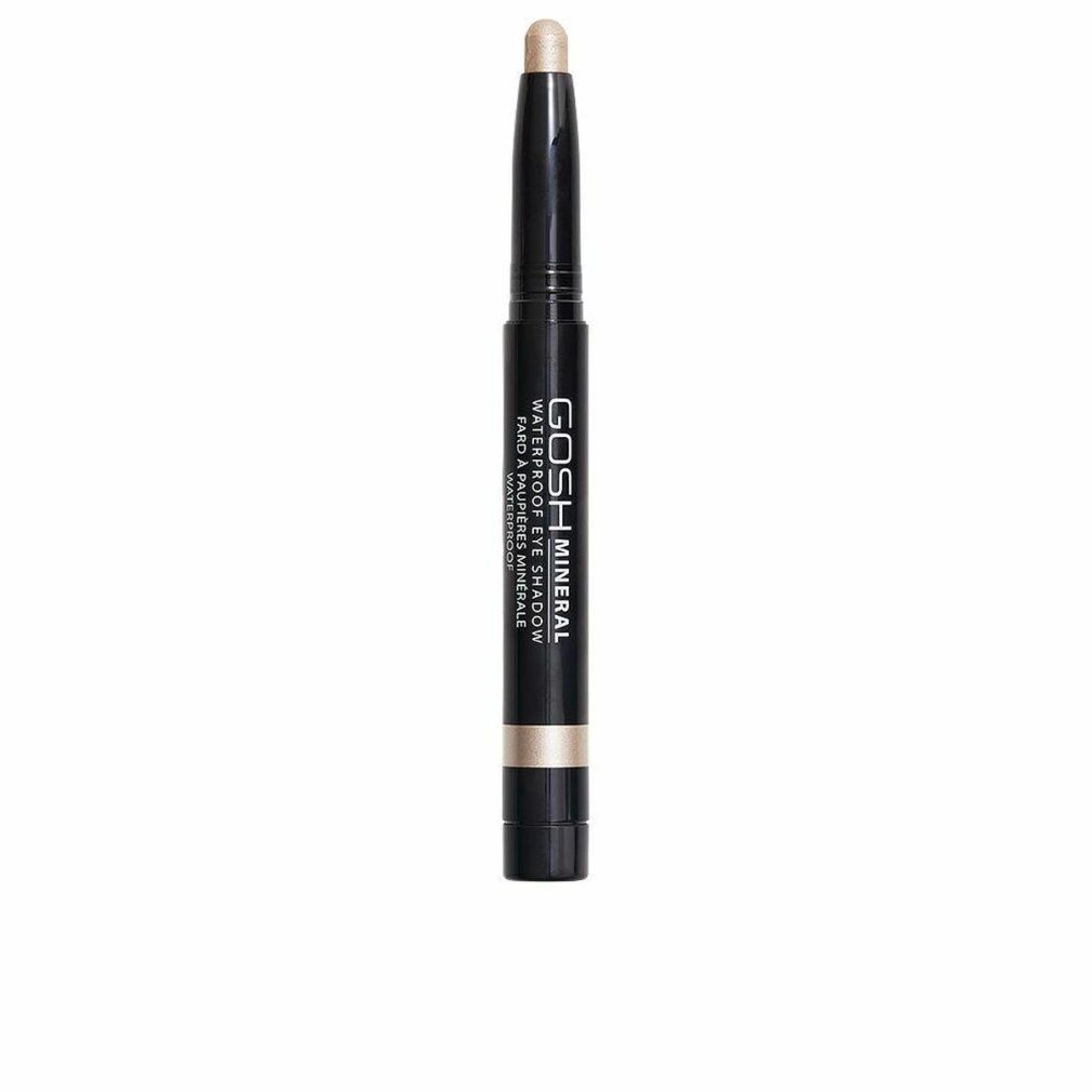Gosh Mineral Waterproof Eye Shadow 010-Vanilla. Schwarzer Stift mit beiger Spitze. Text: Waterproof Eye Shadow, Fard à paupières minérale.