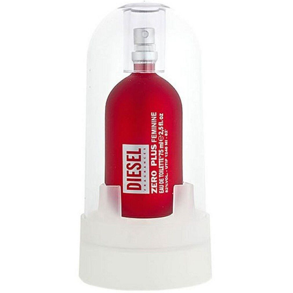 Roter Flakon in Kuppel. Aufschrift: Diesel Zero Plus Feminine Eau de Toilette. 75 ml.