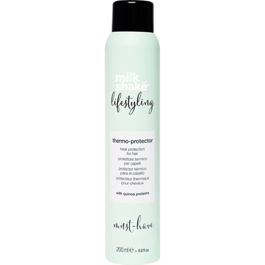 Hellgrüne Sprühflasche mit schwarzem Deckel. Aufschrift: milk_shake, lifestyling, thermo-protector. Text in mehreren Sprachen. Unten: must-have, 200 ml.