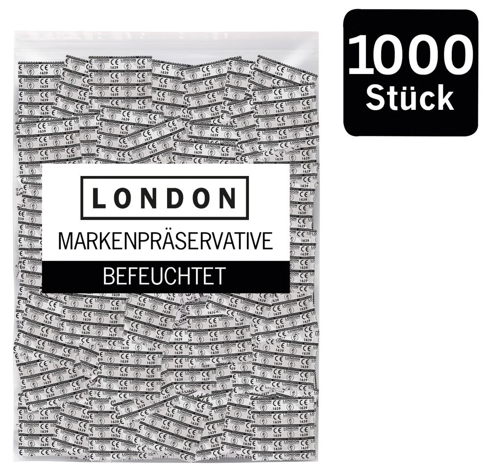 Beutel mit Kondomen. Aufschrift: LONDON, Markenpräservative, Befeuchtet, 1000 Stück. CE-Kennzeichnung.