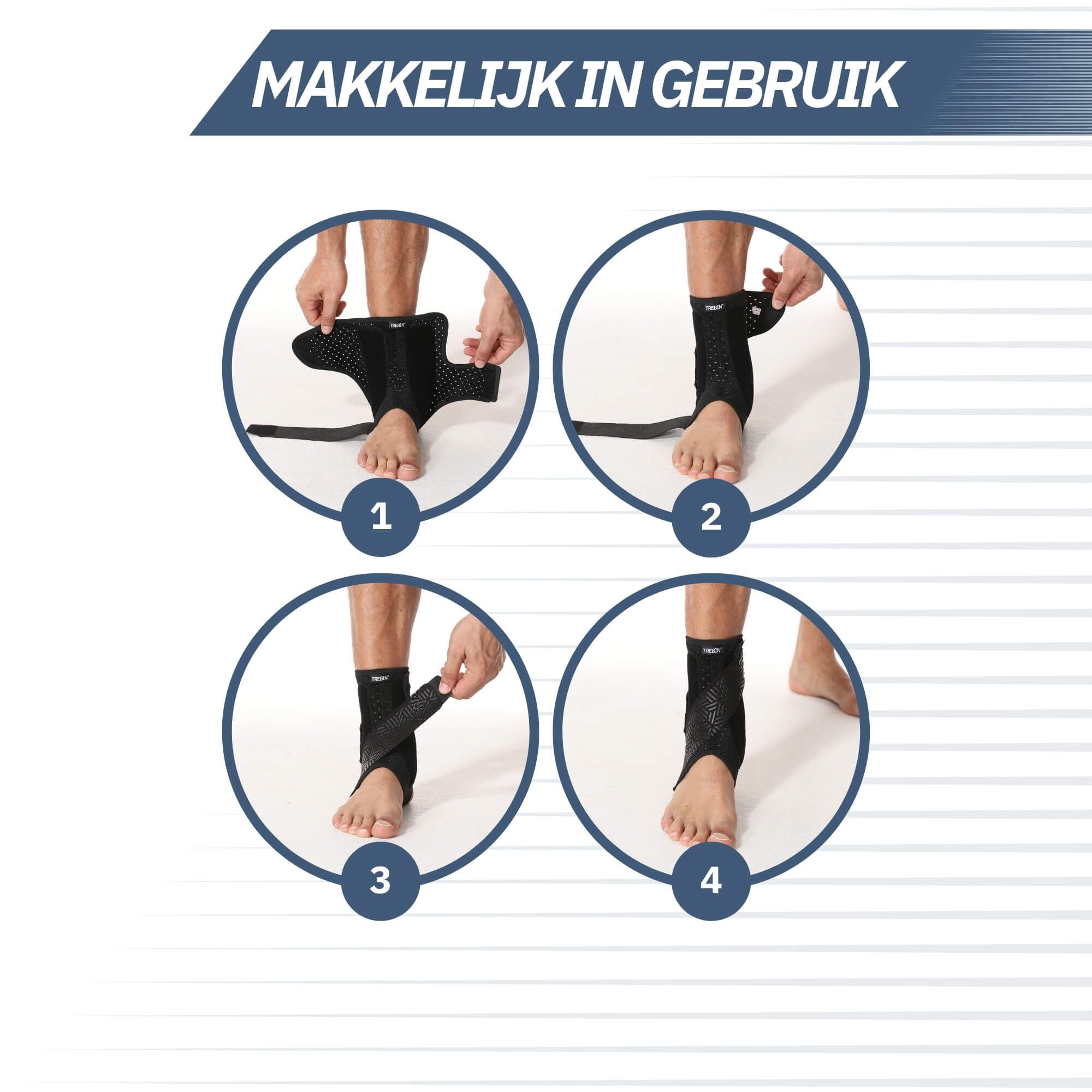 Schwarze Knöchelbandage mit Muster, die an einem Bein angelegt wird.