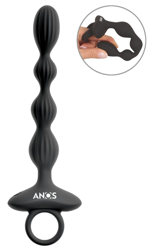 Schwarzer, gerippter Vibrator mit einem Ring am Griffende und dem ANOS-Logo.