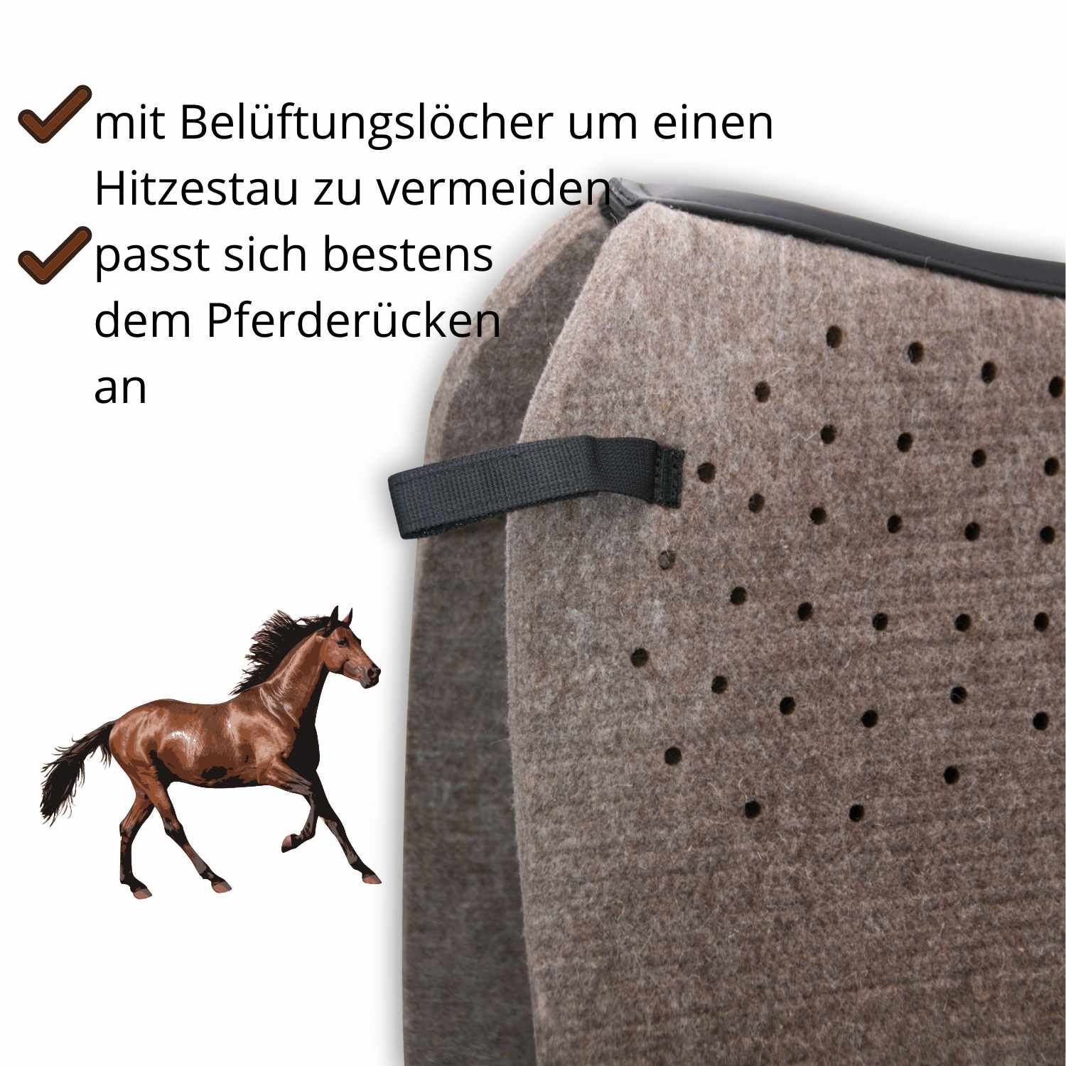 Filzschabracke, braun, mit Belüftungslöchern. Passt sich dem Pferderücken an. Pferd-Illustration.
