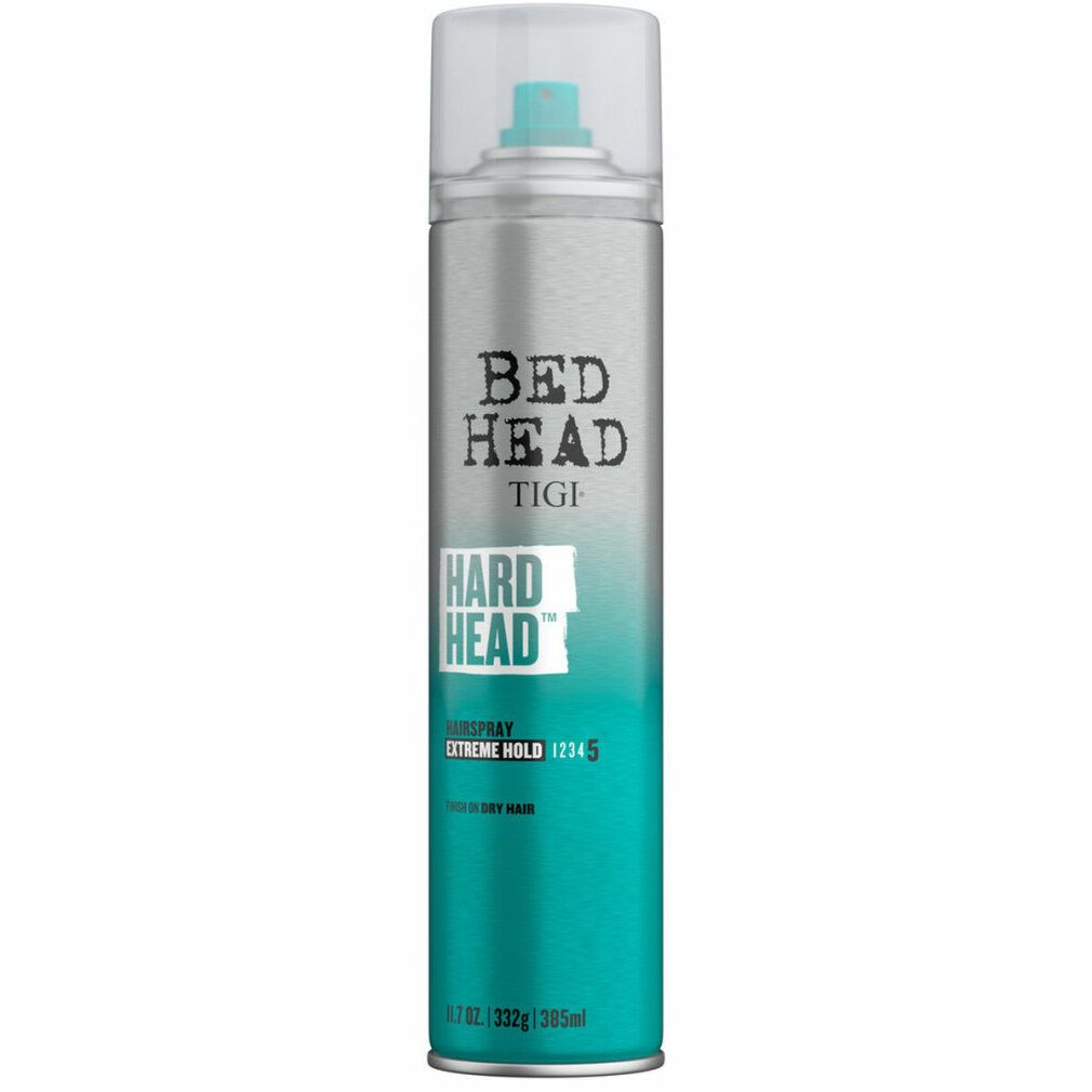 Haarspray-Dose von Tigi Bed Head. Silberne Dose mit türkisfarbenem Boden. Klarer Deckel. Aufschrift: Bed Head, Tigi, Hard Head, Extreme Hold 12345.