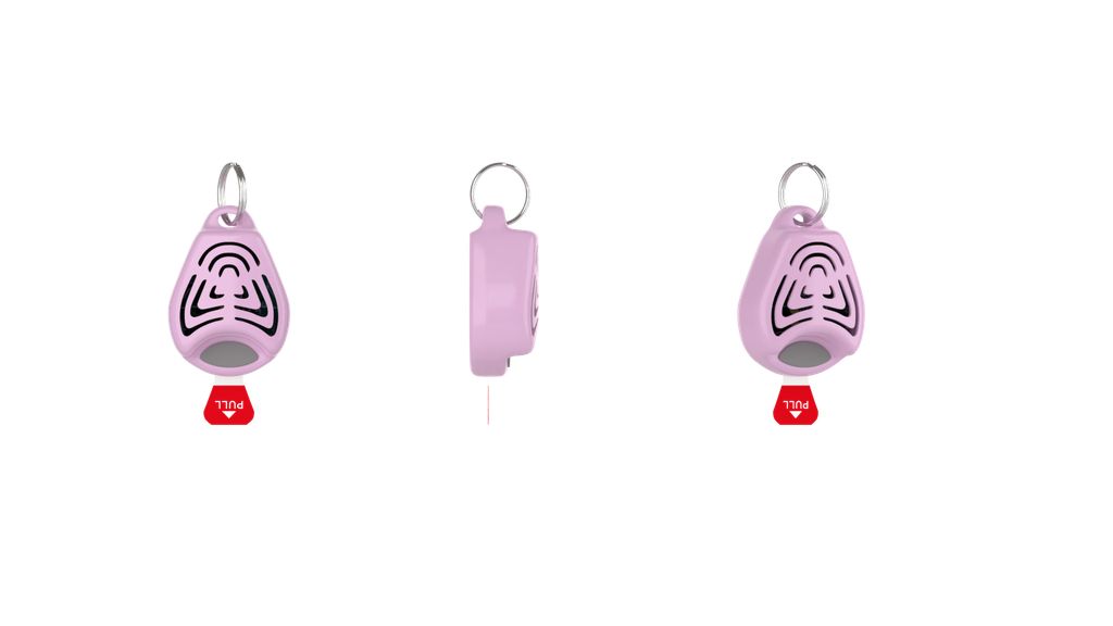 TICKLESS Kinder Pink: Zeckenabwehranhänger in drei Ansichten. Mit Schlüsselring und rotem "PULL"-Tab.