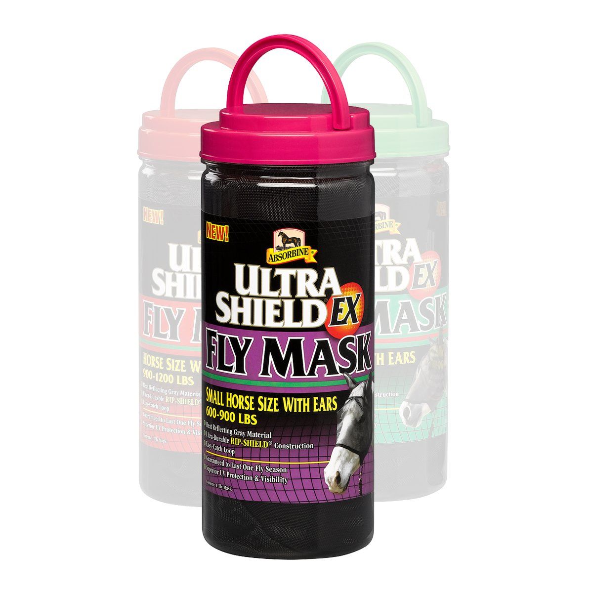 Schwarze Dose mit pinkfarbenem Deckel und Griff. Aufschrift: ULTRA SHIELD EX FLY MASK. Für Pferde, mit Ohren.