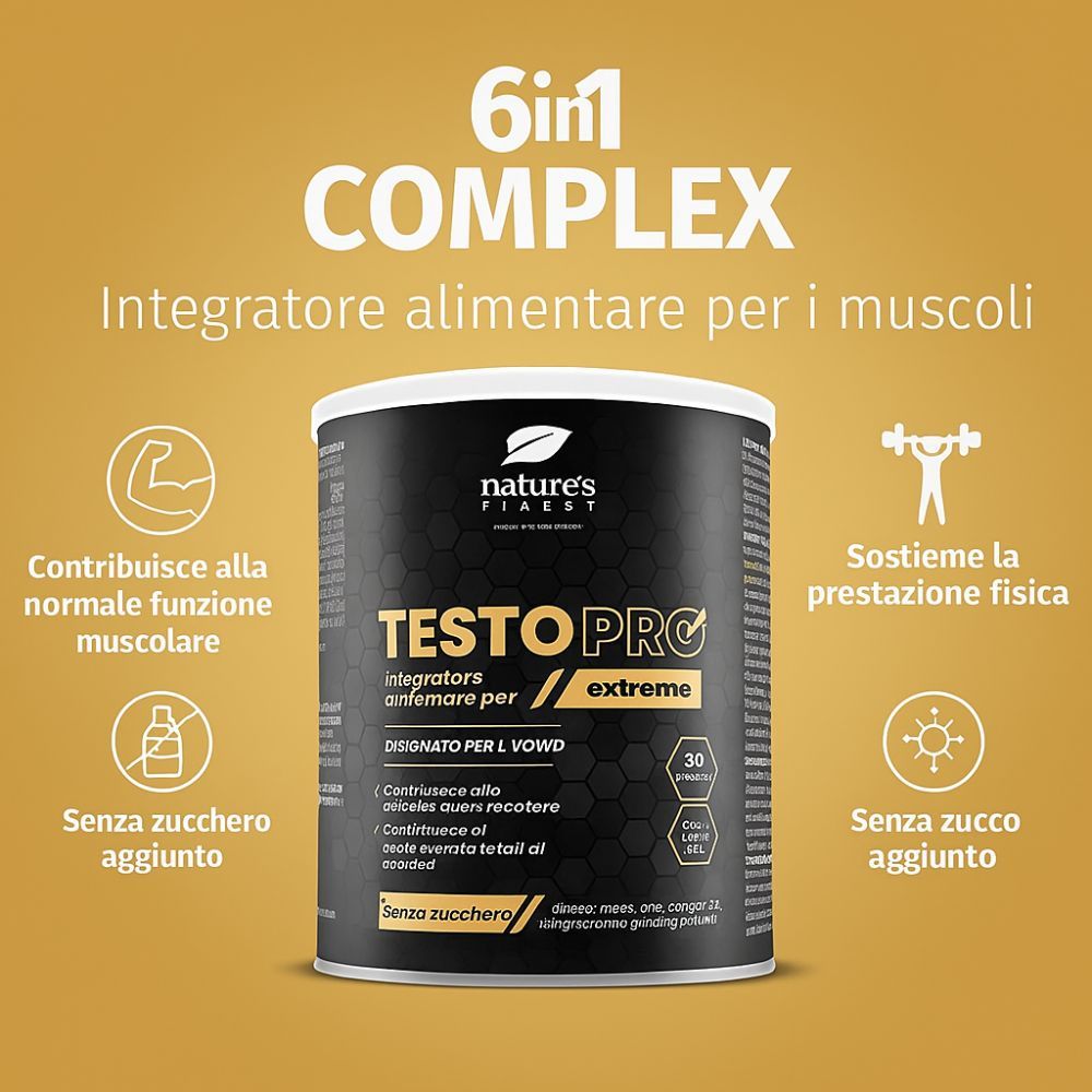 Produktverpackung von TestoPRO Extreme. Dose mit weißem Deckel. Text in italienischer Sprache. Enthält 30 Portionen. Ohne Zuckerzusatz.