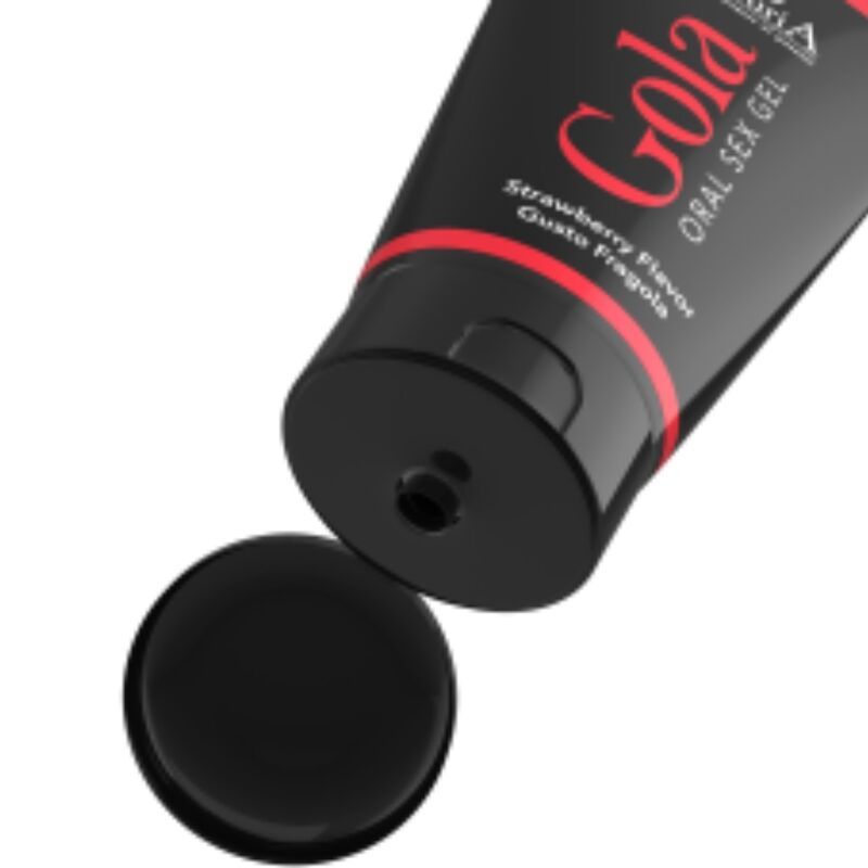 Schwarze Tube mit roter Schrift. Text: "Gola Oral Sex Gel", Erdbeergeschmack. Schwarzer Deckel daneben.