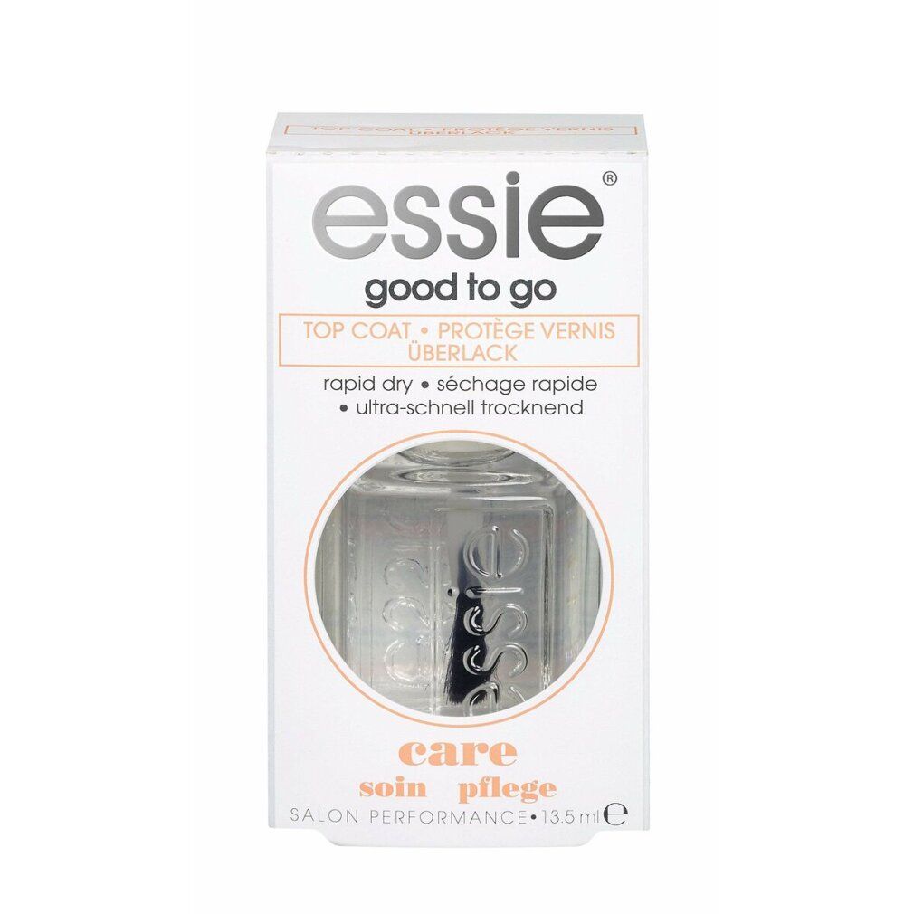 Verpackung von Good To Go Essie. Enthält eine transparente Nagellackflasche. Text: Top Coat, Pflege, Salon Performance.