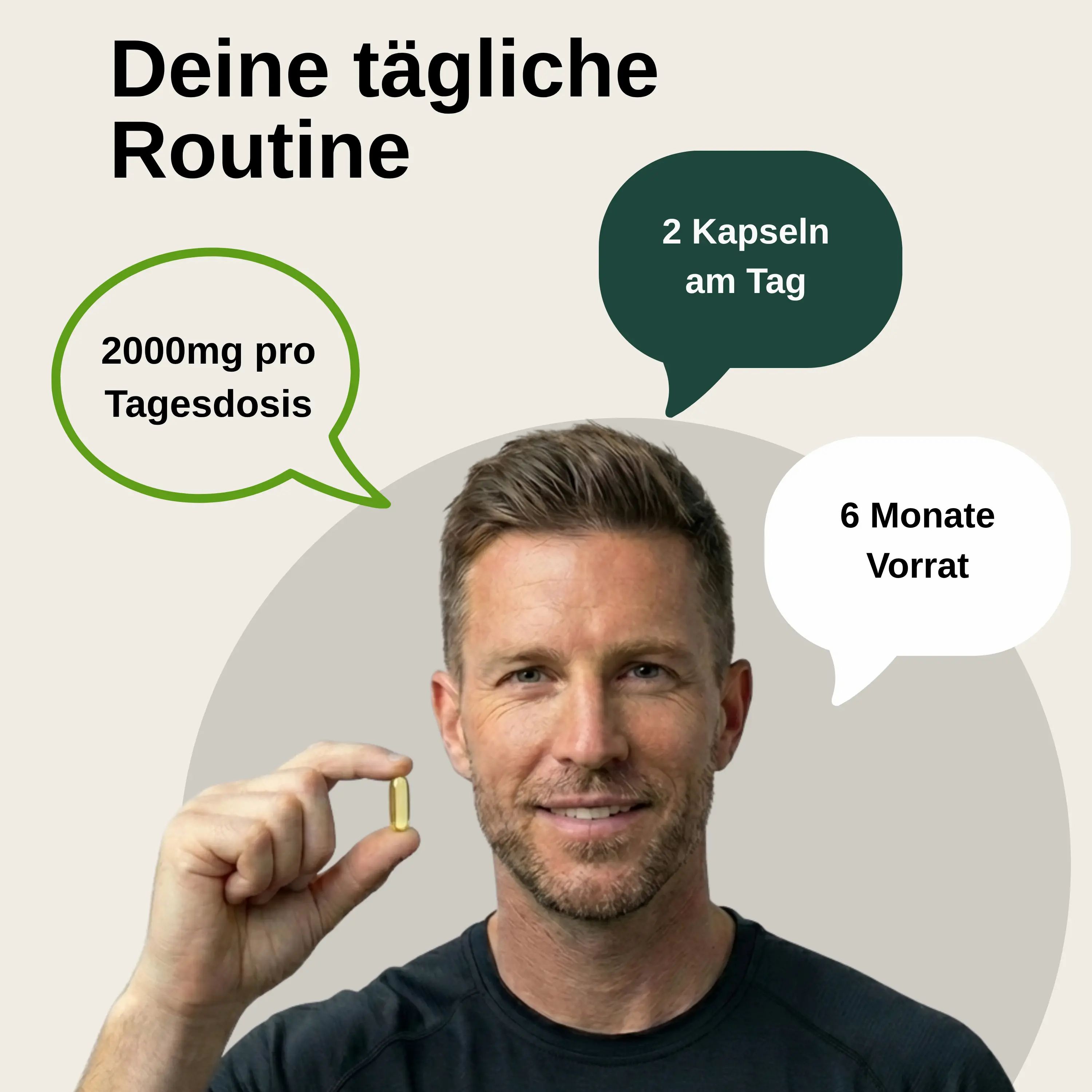 Mann hält eine Vita Elements Omega 3 Kapsel. Tägliche Routine: 2 Kapseln, 2000mg, 6 Monate Vorrat.