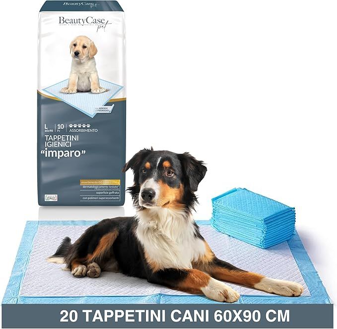 Hunde-Trainingsunterlage mit Hund. Packung mit 20 Unterlagen, 60x90 cm. Aufdruck "Imparo". Beauty Case Pet.
