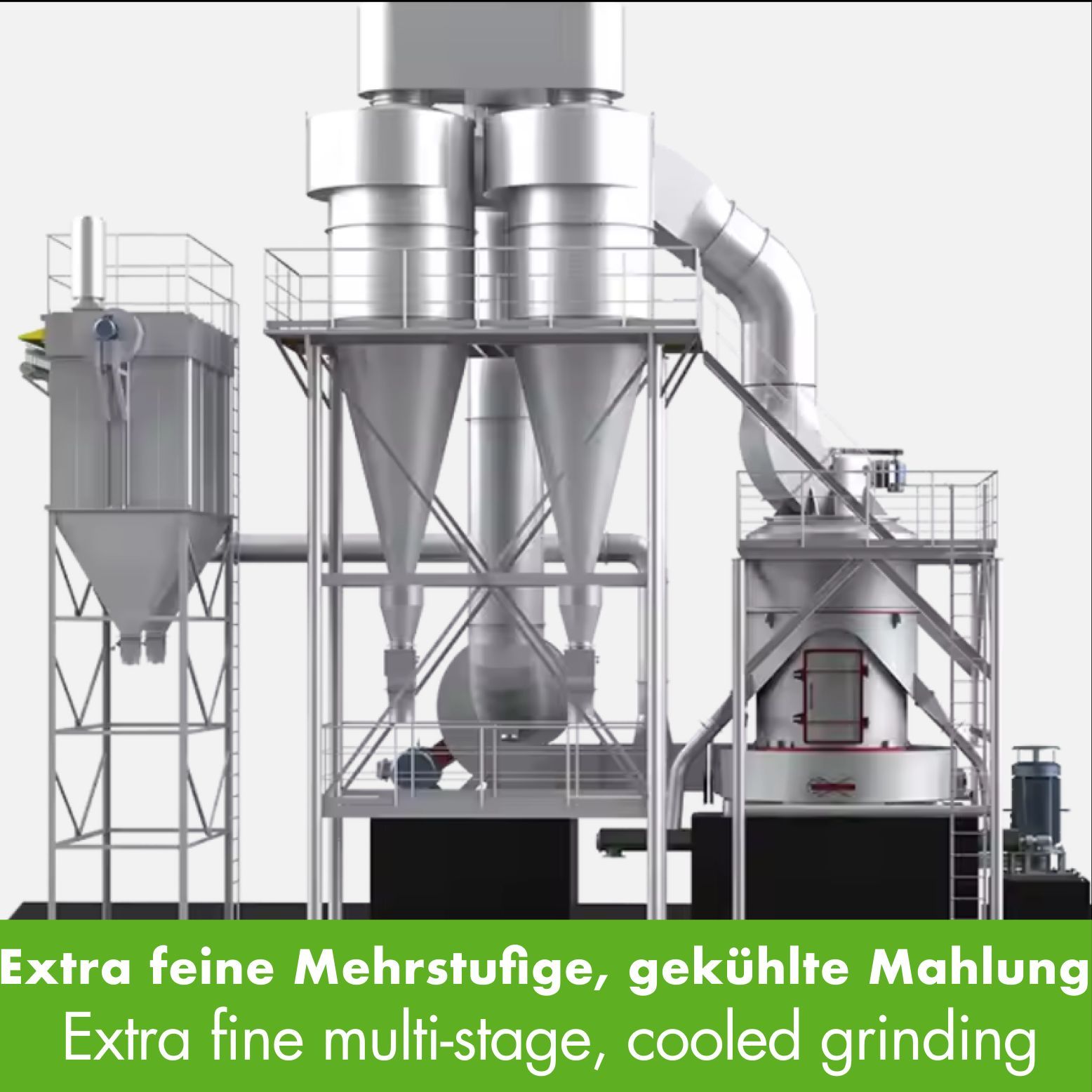 Industrielle Maschine zur Herstellung von Matcha. Text: "Extra feine mehrstufige, gekühlte Mahlung".