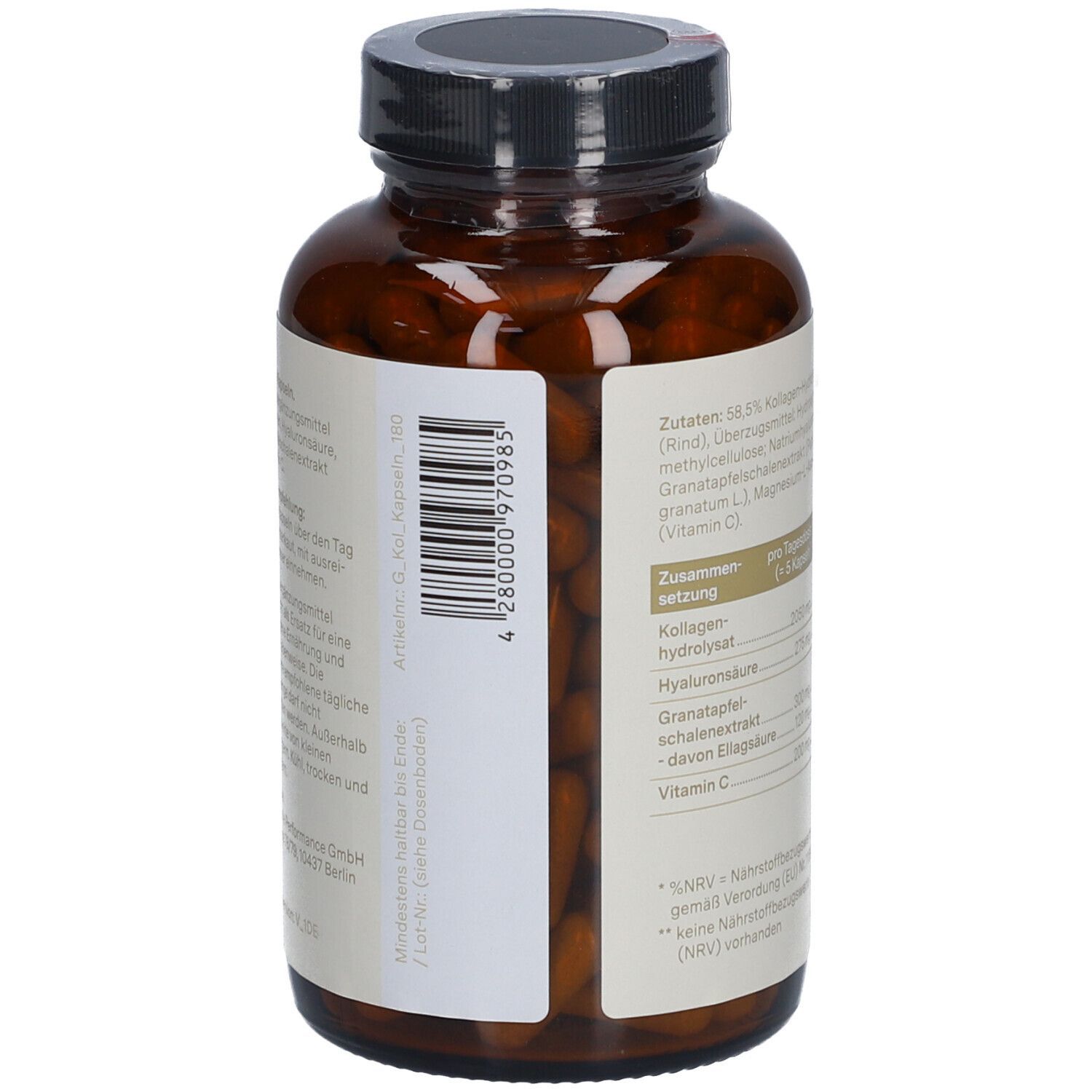 Rückseite einer braunen Glasflasche mit Etikett. Enthält Barcode und Produktinformationen. Marke: Glow25.