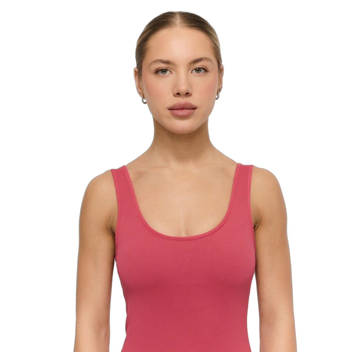 Vorderansicht des Oberteils eines ärmellosen Damen-Jumpsuits in Rosé.