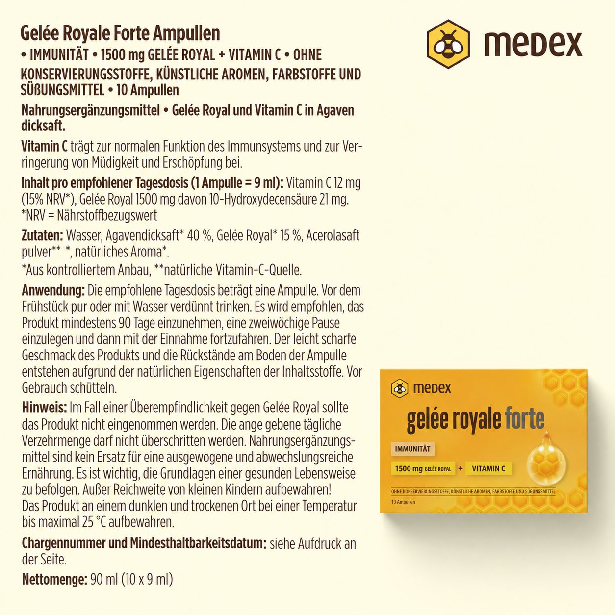 Medex Gelée Royale Forte Packung mit 10 Ampullen und einer einzelnen Ampulle.
