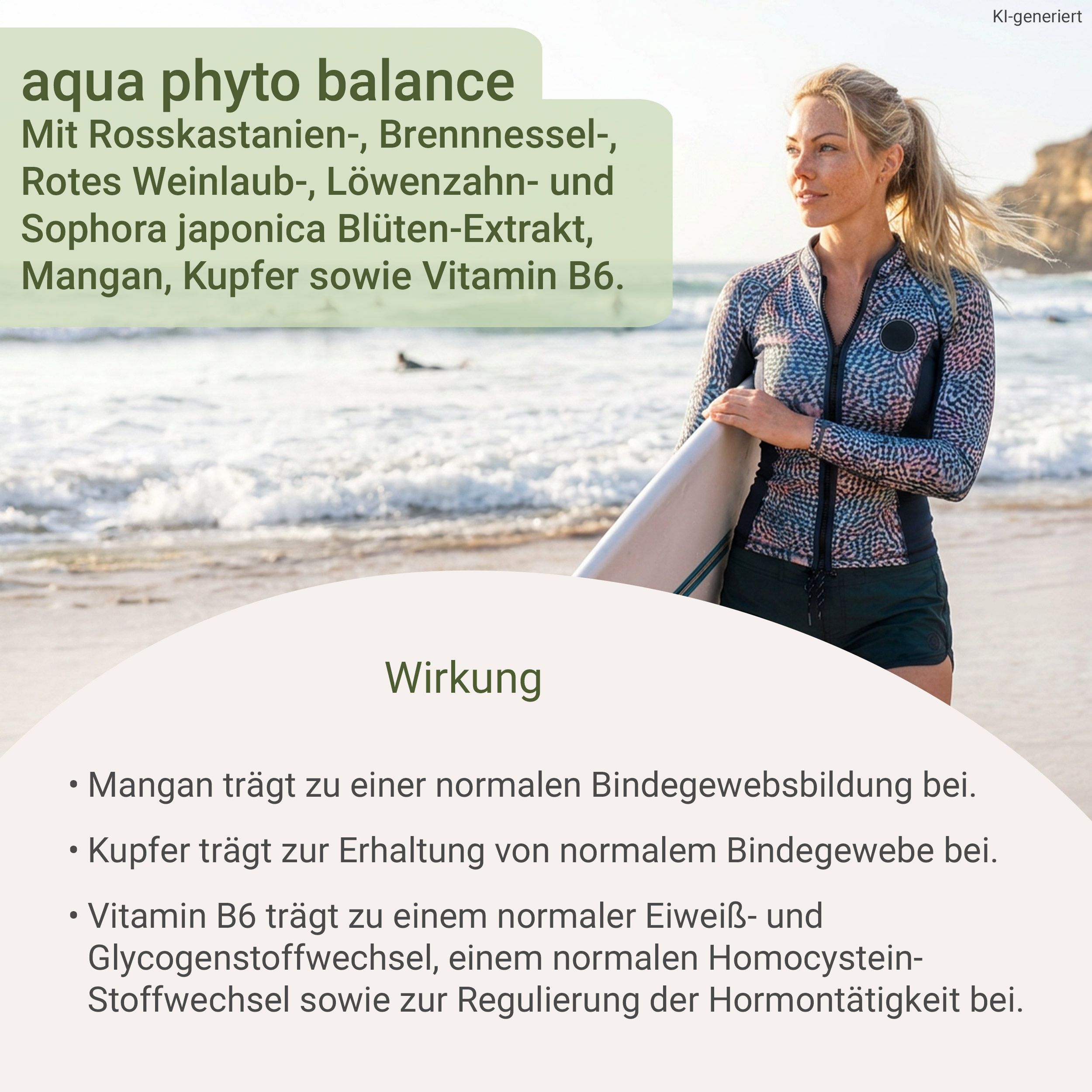 Frau in Neoprenanzug mit Surfbrett am Strand. Text über die Wirkung von Aqua Phyto Balance.