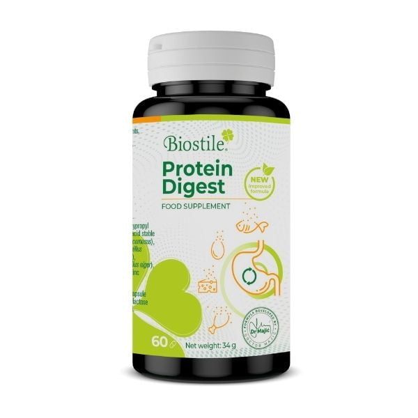 Kapselbehälter mit Aufschrift Biostile Protein Digest. Enthält 60 Kapseln. Mit Halal-Zertifizierung.