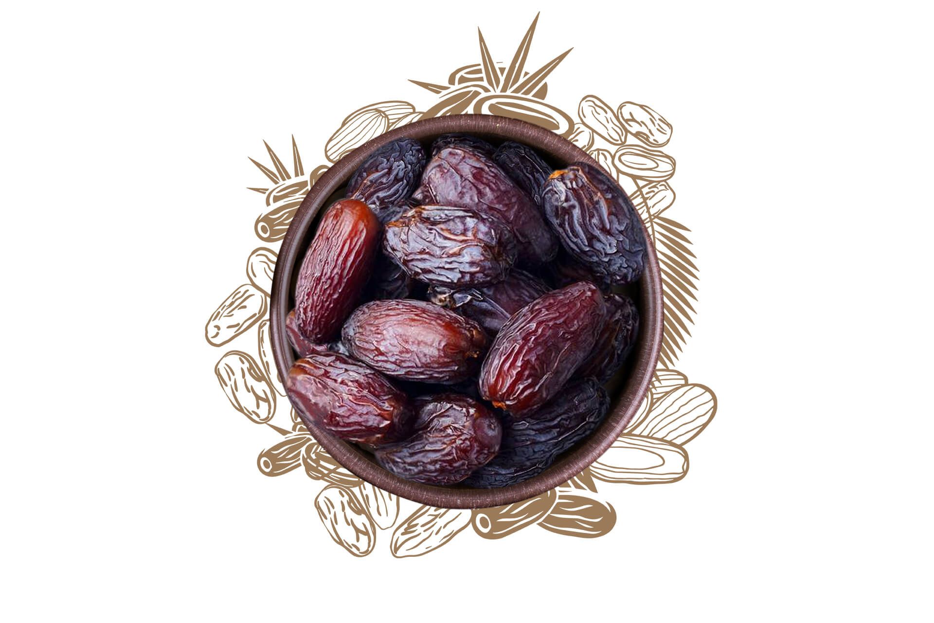 Datteln in einer braunen Schale, umgeben von Illustrationen von Datteln und Blättern.