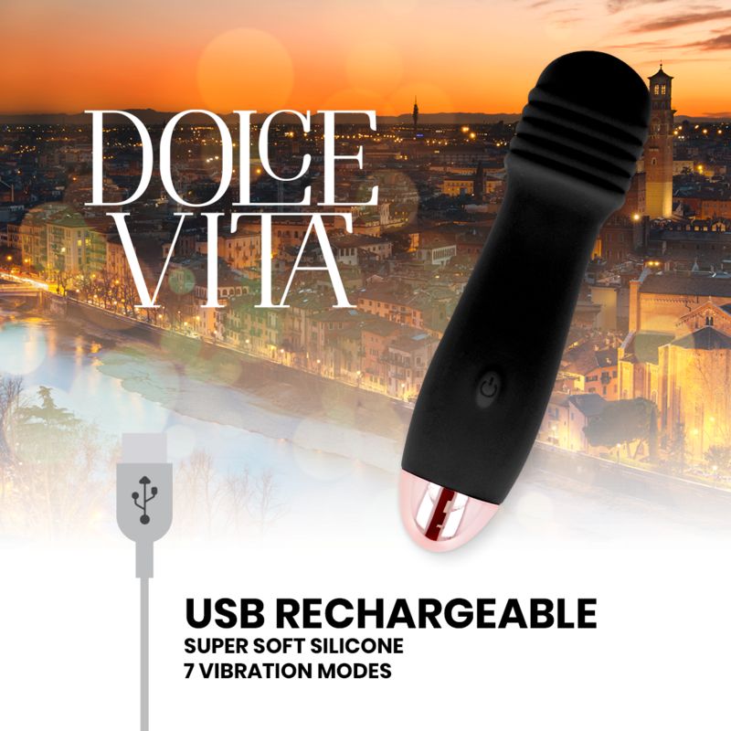 Schwarzer Silikon-Vibrator mit roséfarbener Spitze, vor einem Stadtbild. USB-Ladekabel und Text sind sichtbar.