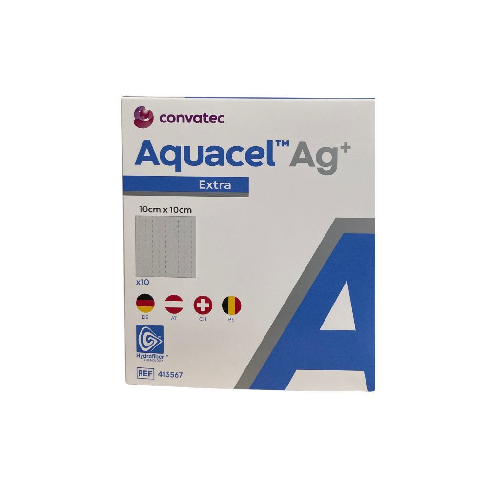 Verpackung von Aquacel Ag+ Extra. Quadratische Packung mit Produktnamen und Logo. Größe 10cm x 10cm. Flaggen für DE, AT, CH, BE.