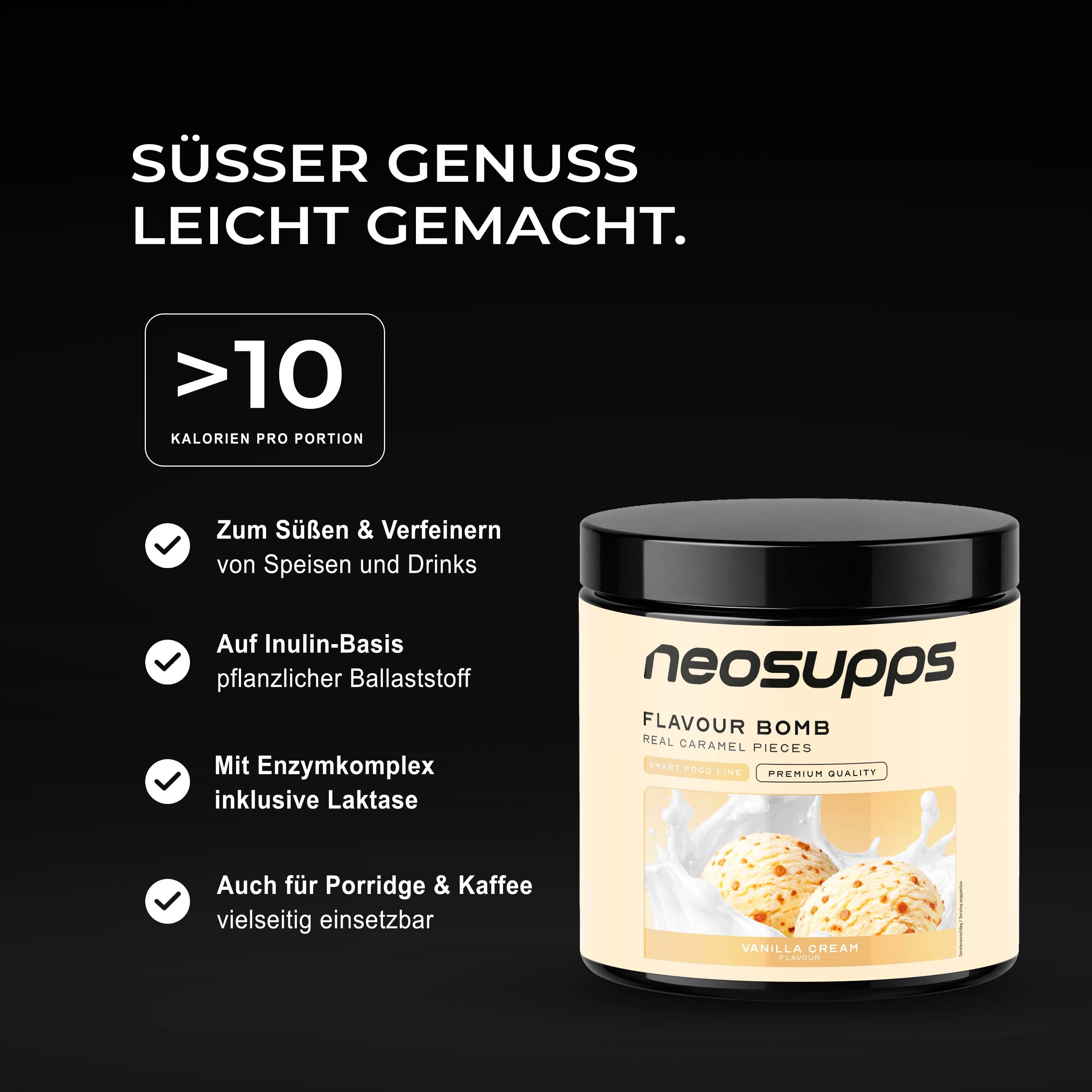 Neosupps Flavour Bomb Vanille Cream Aromapulver mit Karamellstückchen.