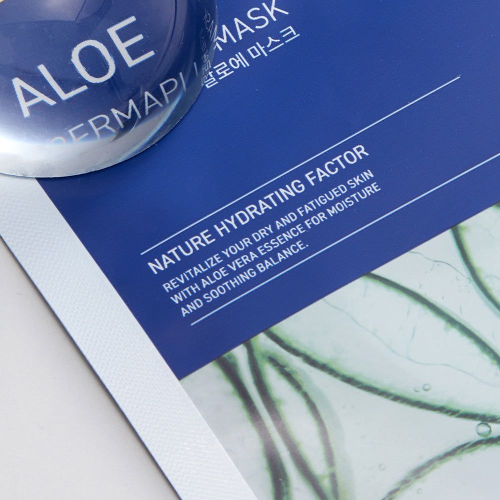 Blaue Packung mit Text "ALOE DERMAPLUS MASK" und Aloe-Vera-Motiv.