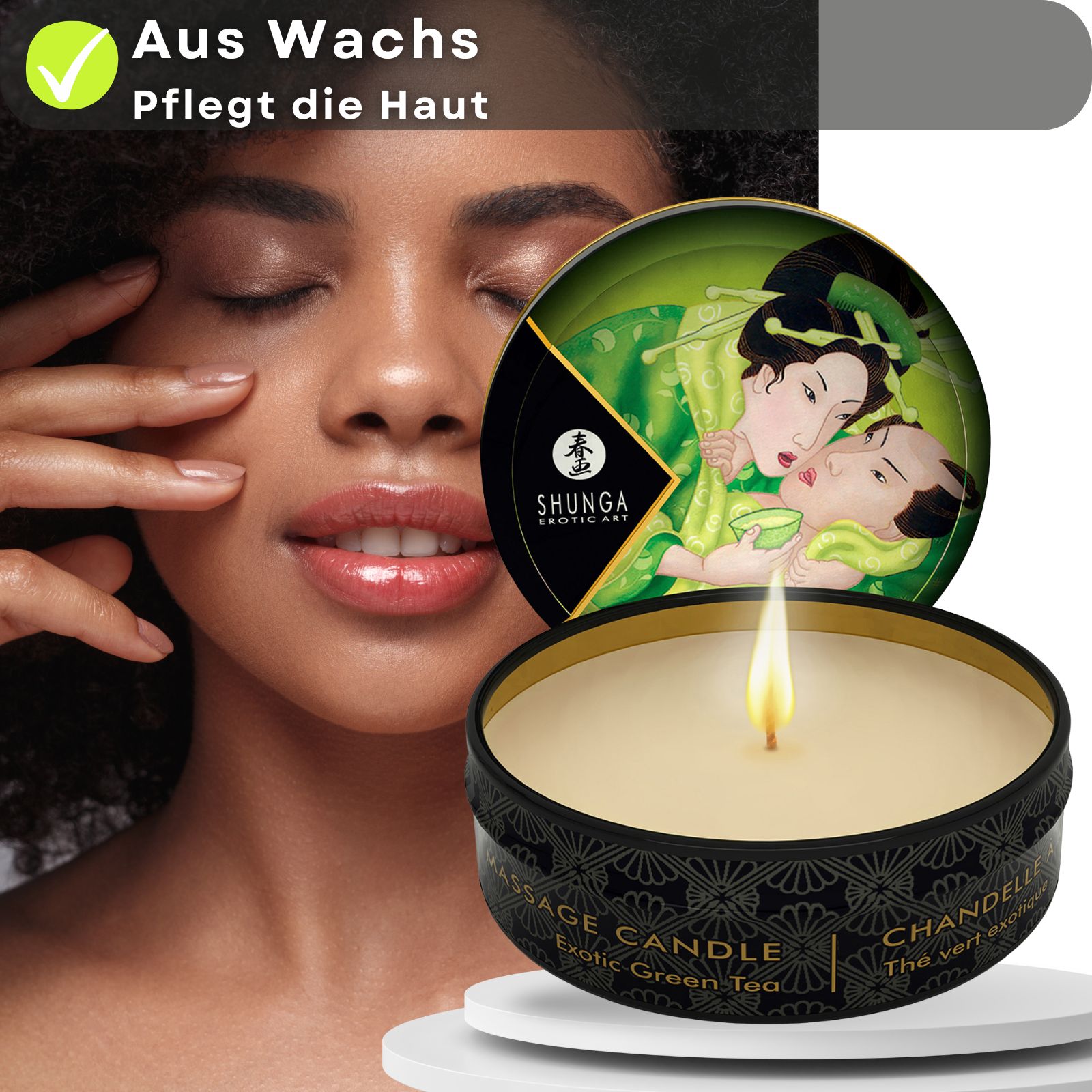 Massagekerze mit Deckel. Aufschrift: Massage Candle, Exotic Green Tea. Deckel mit Illustration. Frau berührt Gesicht.