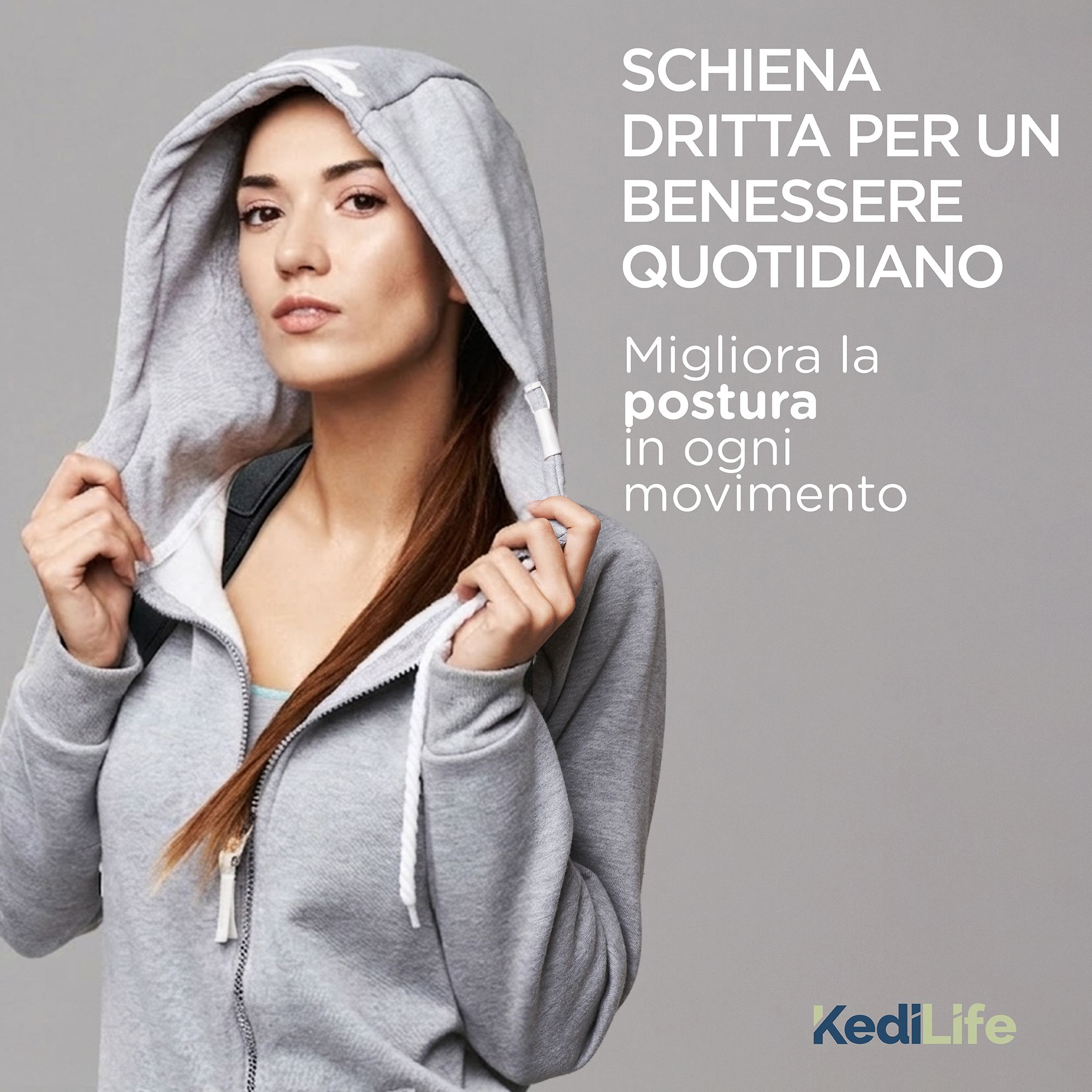 Frau mit Kapuzenpullover. KediLife-Haltungskorrektur. Text: 'Verbessert die Haltung'. KediLife-Logo.