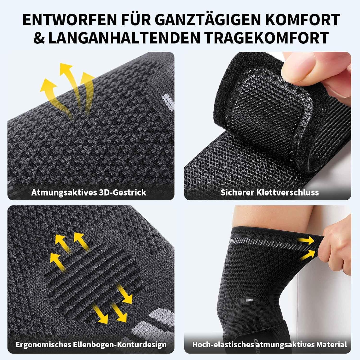 Details einer atmungsaktiven Ellenbogenbandage: 3D-Strick, Klettverschluss, ergonomisches Design, hoch-elastisches Material.