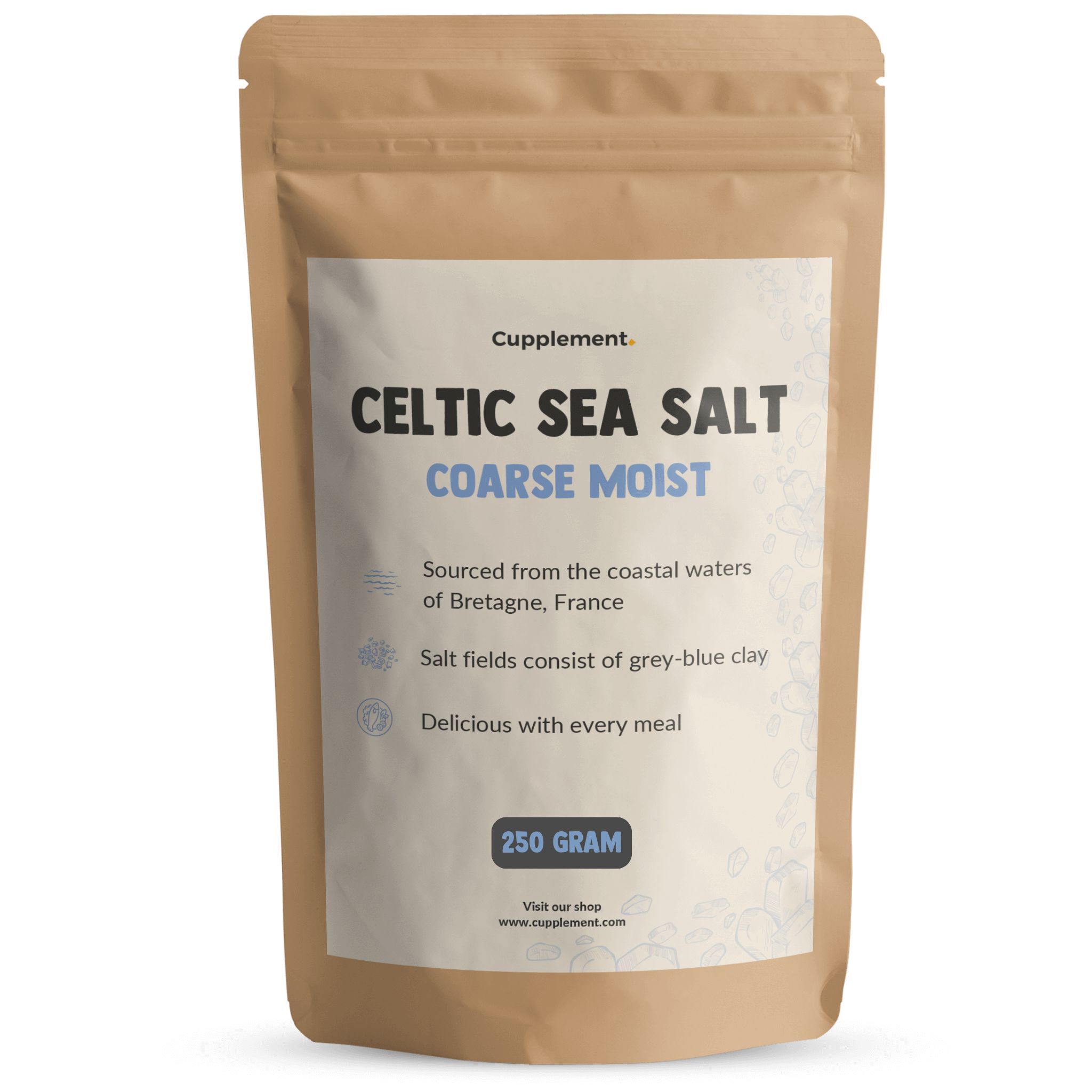 Beutel mit Cupplement Keltischem Meersalz, grob, feucht. Text: Celtic Sea Salt, 250 g.