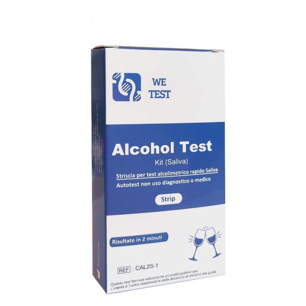 We Test Alkoholtest Speicheltest-Kit. Weiße Schachtel mit blauem Logo und Text. Enthält Aufschrift "Alcohol Test" und "Strip".
