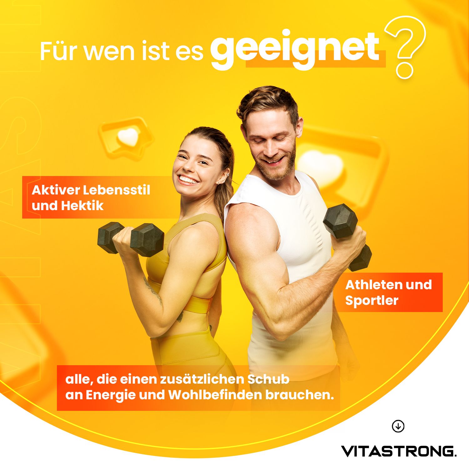 Mann und Frau mit Hanteln. Text: Aktiver Lebensstil und Hektik, Athleten und Sportler. Vitastrong-Logo.