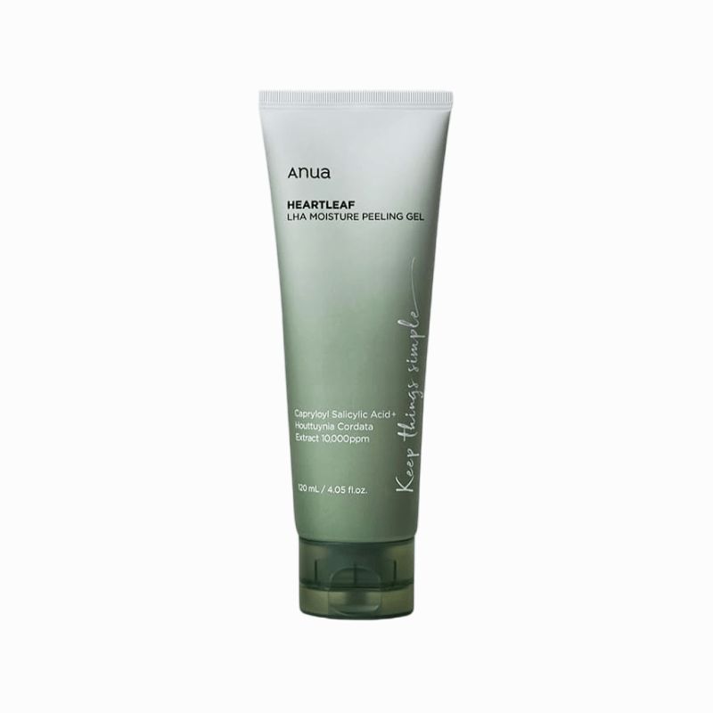 Grüne Tube mit weißem Deckel. Aufschrift: ANUA, HEARTLEAF LHA MOISTURE PEELING GEL. Text: Keep things simple.