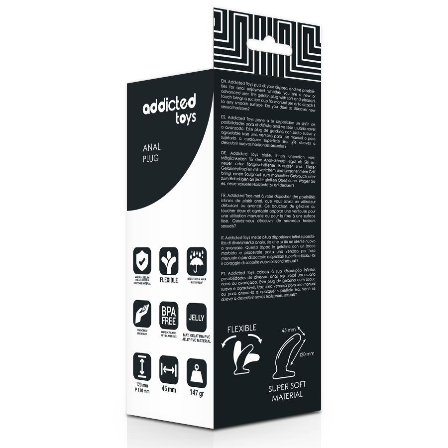 Verpackung, Rückseite. Text: ANAL PLUG. Symbole: flexibel, BPA-frei, Jelly, 125mm, 45mm, 147g.