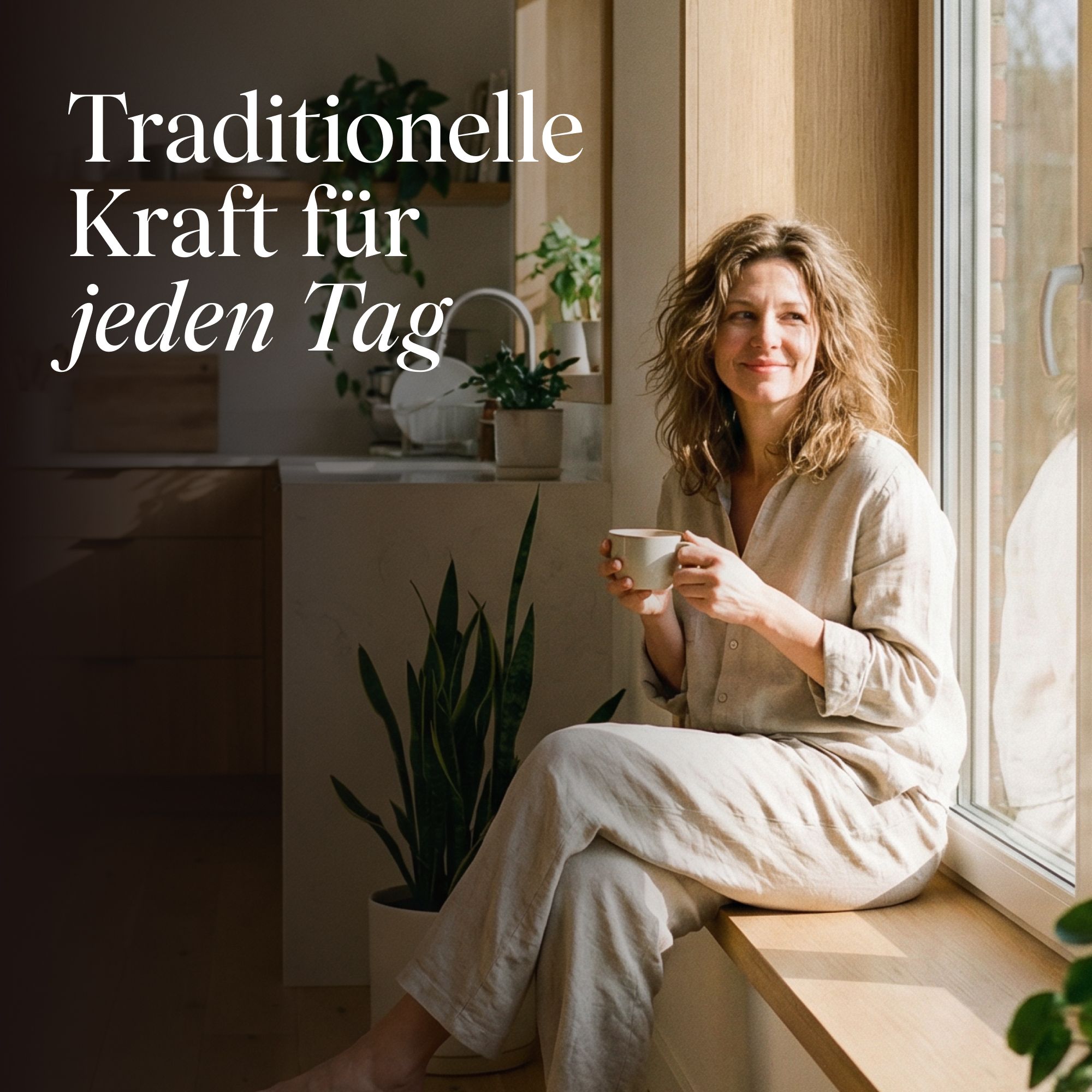 Frau sitzt am Fenster mit einer Tasse, im Hintergrund eine helle Küche und Pflanzen.