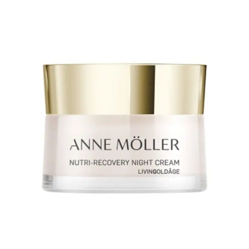 Creme-Tiegel mit goldenem Deckel. Aufschrift: Anne Möller, Nutri-Recovery Night Cream, Livingoldâge.