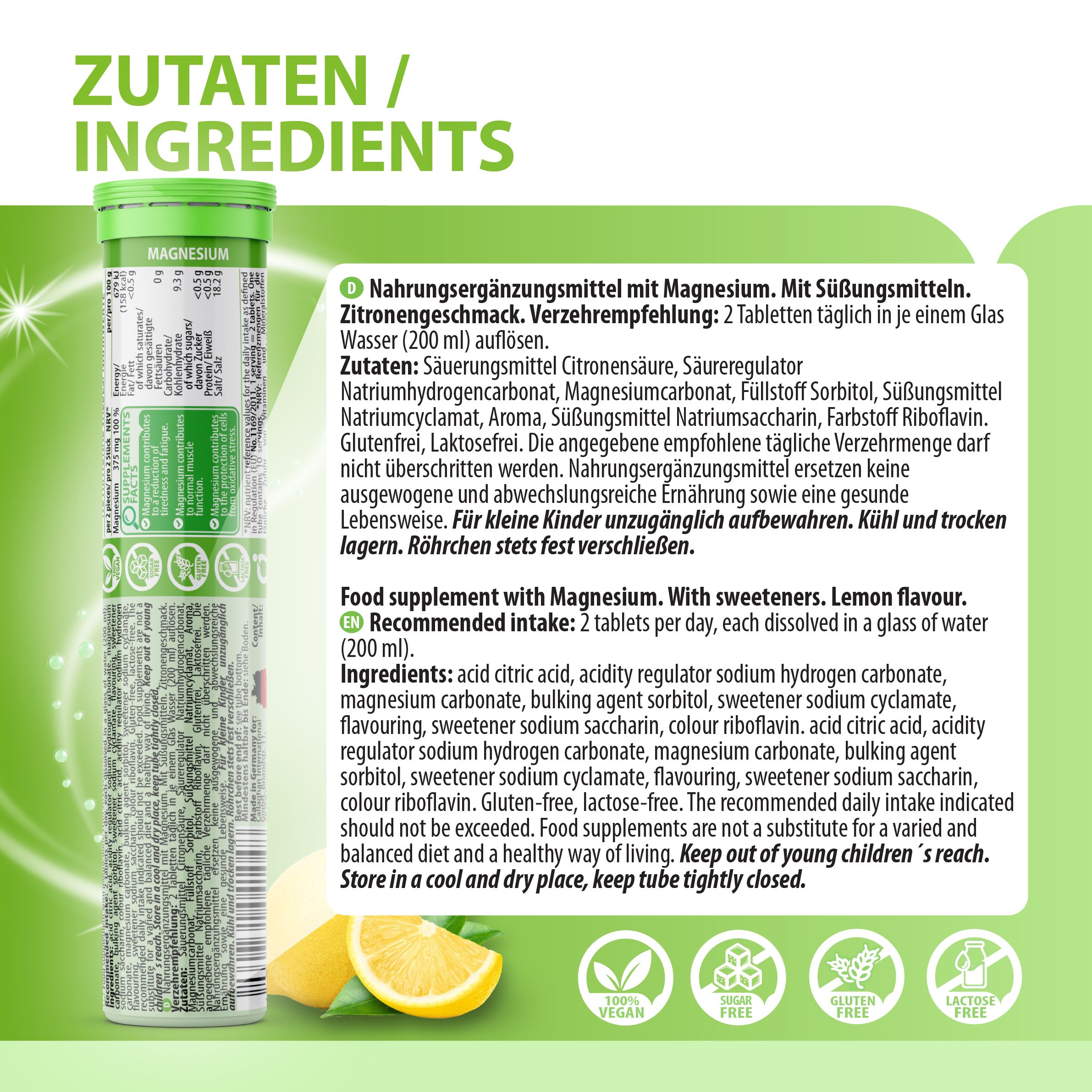 Zutatenliste für EVÄM Magnesium. Empfohlene Dosierung: 2 Tabletten täglich. Vegan, glutenfrei, laktosefrei, zuckerfrei.