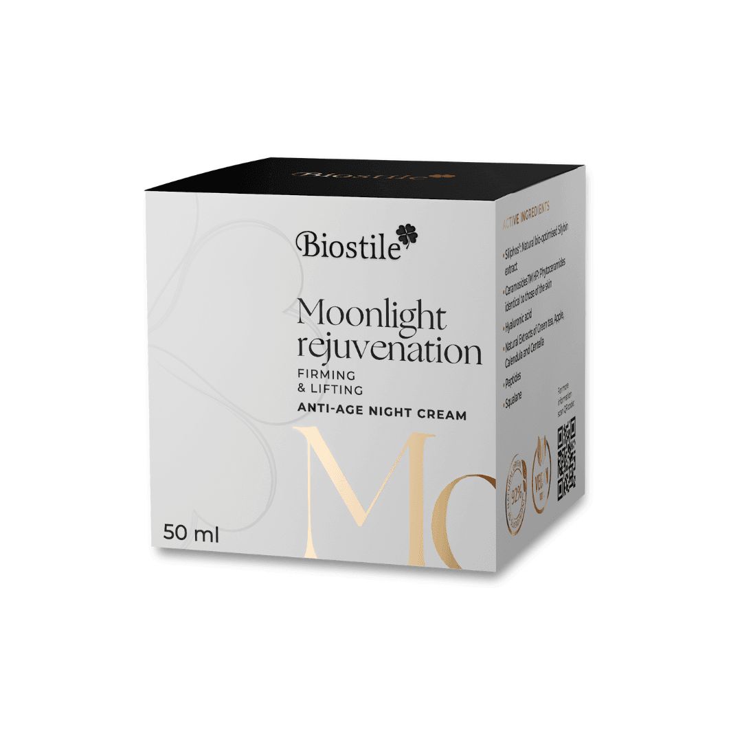 Weiße Schachtel. Aufschrift: Biostile Moonlight Rejuvanation, Anti-Age Nachtcreme. 50 ml. Mit QR-Code.