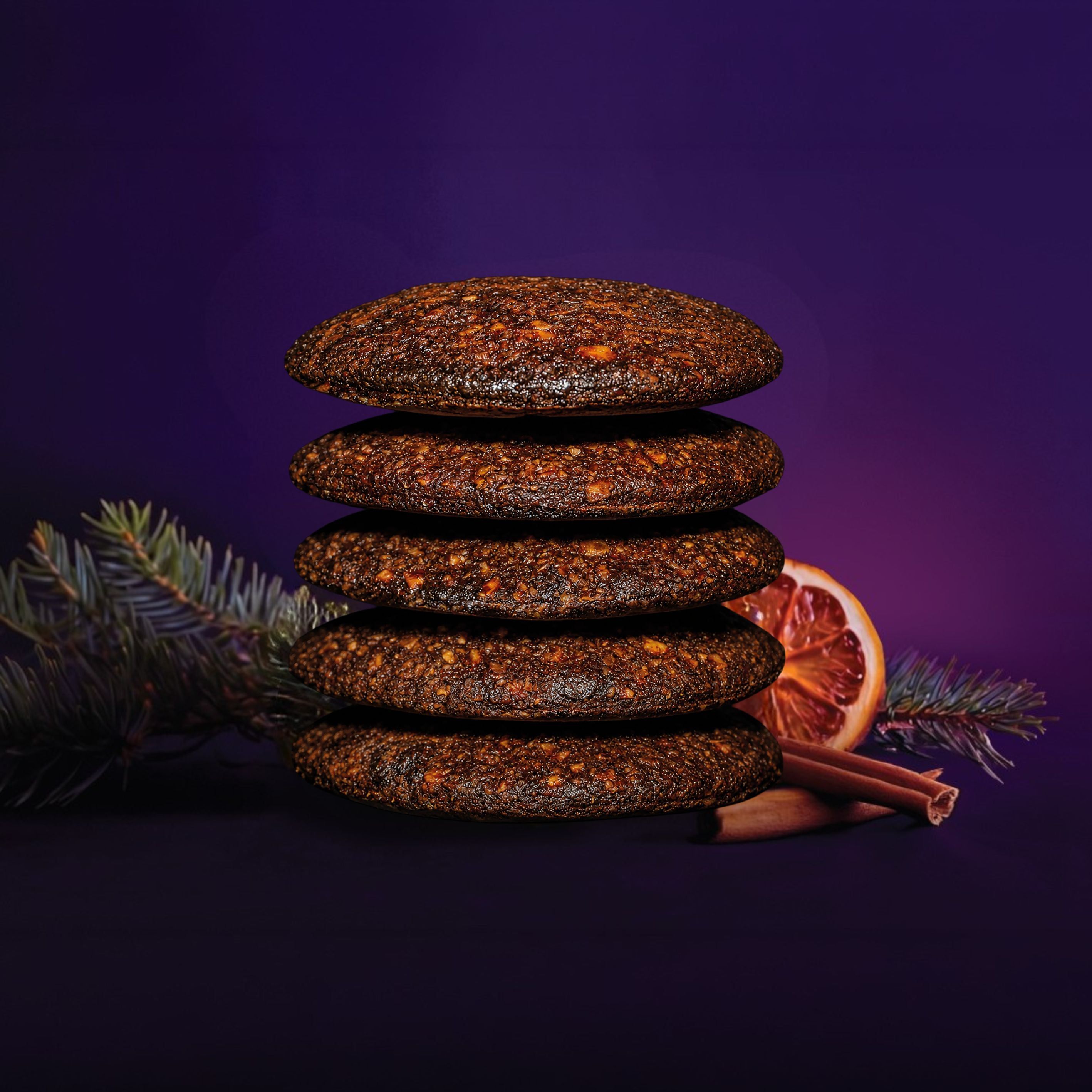Fünf runde Lebkuchen mit Schokoladenüberzug, gestapelt. Daneben Zimtstangen, getrocknete Orangenscheibe und Tannenzweig.