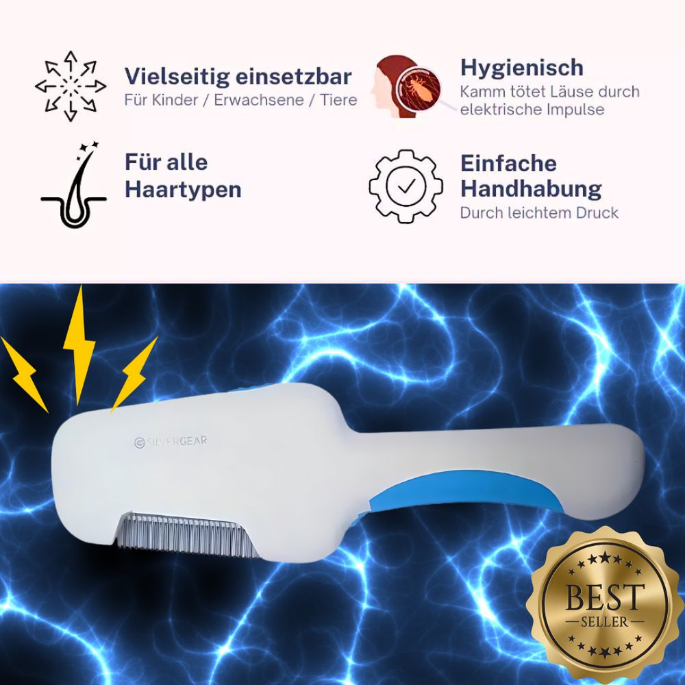 Elektrischer Läusekamm mit weißem Griff und blauem Akzent. Tötet Läuse durch elektrische Impulse.