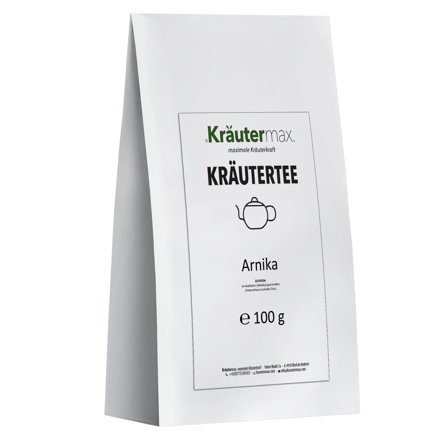 Weiße Kräutertee-Verpackung mit Logo und Text. Produktbezeichnung: Arnikablüten. Gewicht: e 100 g.